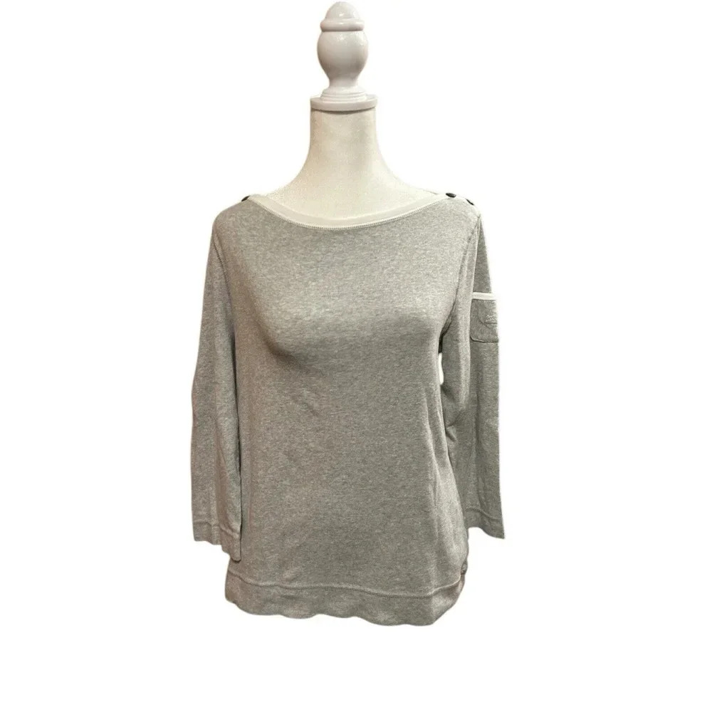 Lauren Ralph Lauren Size XL Grey Boatneck Gray Button 3/4 Sleeve Blouse Top